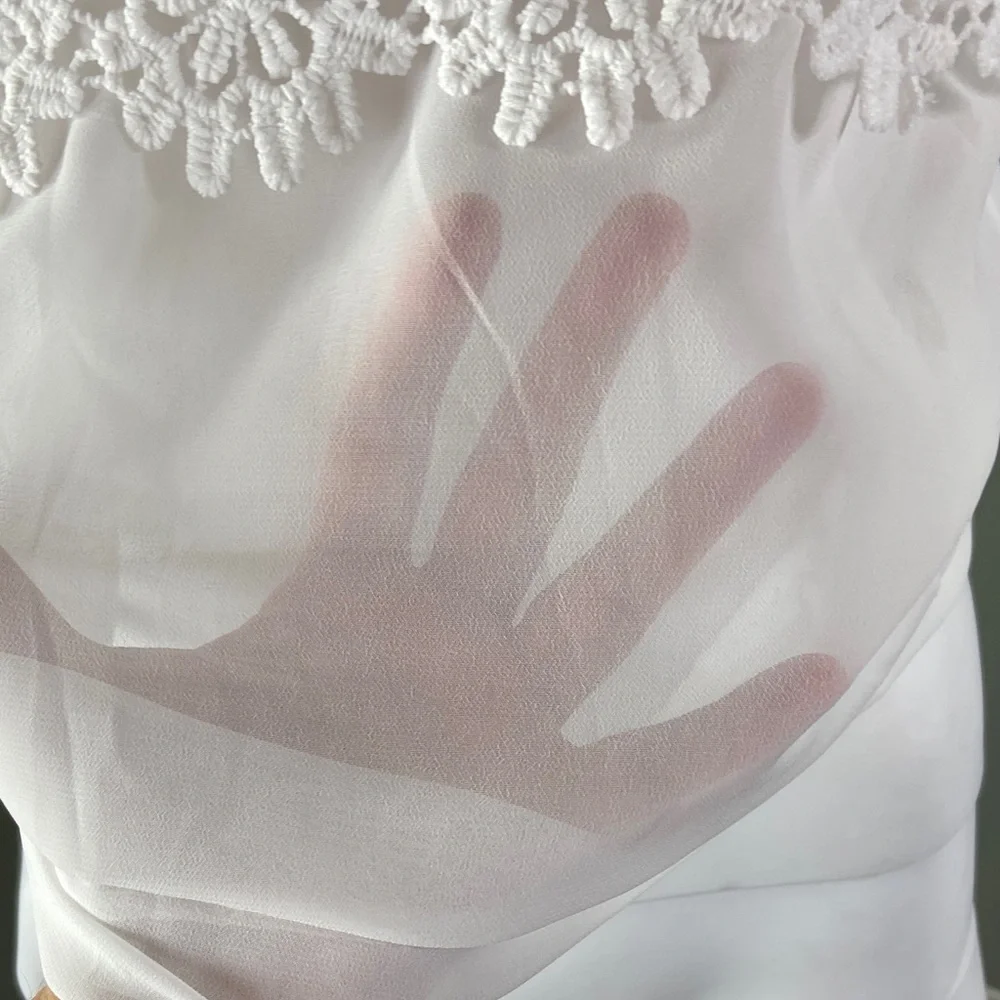 White Boho Bohemian Sheer Chiffon Floral Lace Off-Shoulder Blouse XSmall XS - Picture 3 of 8
